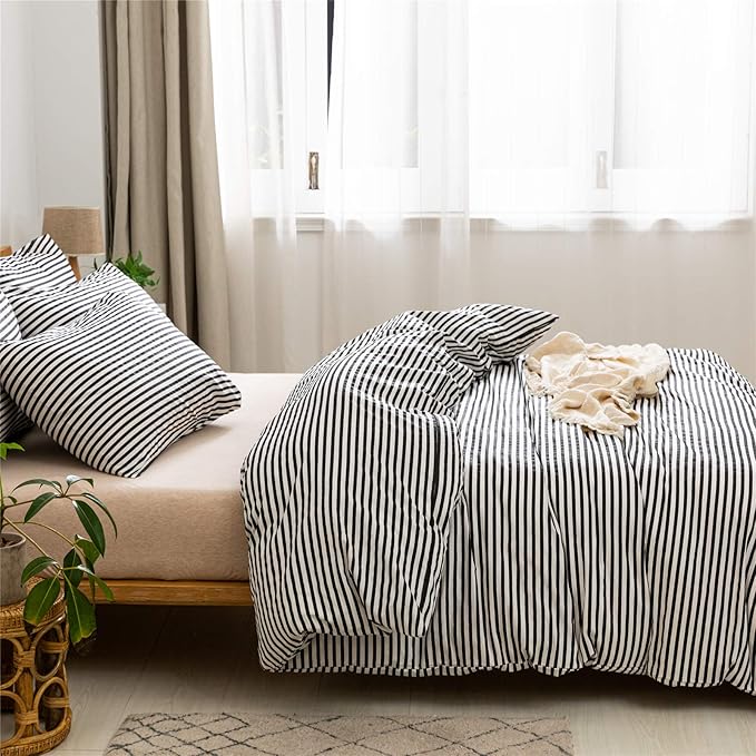 JELLYMONI 100% Natural Cotton 3pcs Striped Duvet Cover Sets,White Duvet Cover with Black Stripes Pattern Printed Comforter Cover,with Zipper Closure & Corner Ties(King Size)