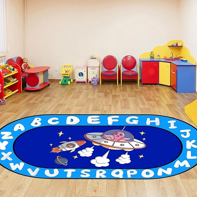 ABC Rug for Kids 6x9ft - Space Adventure Educational Play Mat with Planets & Rockets, Non-Slip Washable Carpet, Oval Learning Rug for Playroom, Classroom, Nursery