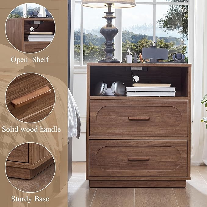 Walnut Night Stand with Charging Station, 21.7" Wide Wood End Table with 2 Storage Drawers, Open Shelf & Unique Base, Mid Century Modern Bedside Table for Bedroom, Living Room, Walnut