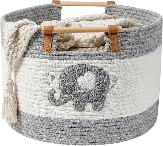 Large Blanket Basket 35L Cotton Rope Basket with Wooden Handles Woven Baskets for Kids Stuffed Animal Toys Storage for Nursery, Laundry Hamper Clothes Baby Hamper Boys Gift Basket Empty, (Elephant ）