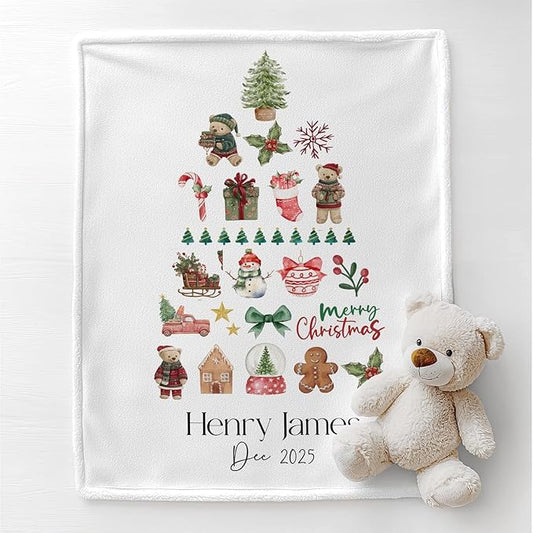 Personalized Baby's First Christmas Blanket, Custom Minimalist Elegant Baby Name Christmas Blanket, Soft Fleece Or Sherpa Throw, Baby Shower, Made in USA