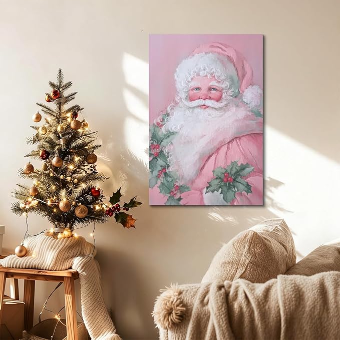 YONICA Christmas Canvas Wall Art Pink Santa 36x46 Inch Soft Pastel Holiday Art for Nursery - Large Framed Gallery Wrapped Kids Room Decor