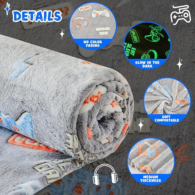 inhand Glow in The Dark Blanket Gaming Gifts for Boys Controller Kids Throw Gamer Blanket Gamer Toys for Kids Boys Presents Birthday Easter Halloween Grey 30"x40"