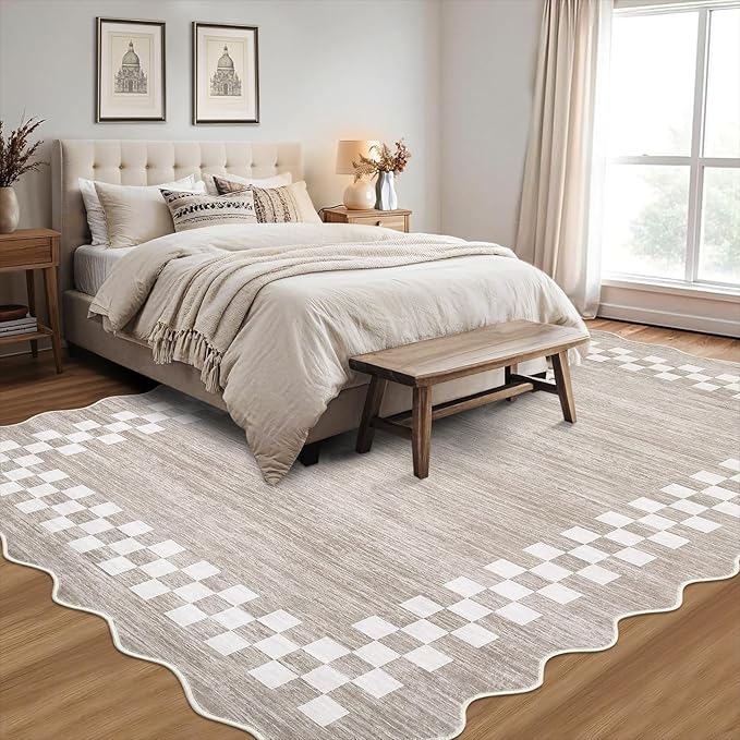 GarveeHome Area Rug 6x9 Large Living Room Modern Border Throw Rug with Rubber Backing Stain Resistant Dining Room Throw Carpet Washable Scalloped Rug for Bedroom Home Decor Office, Fog