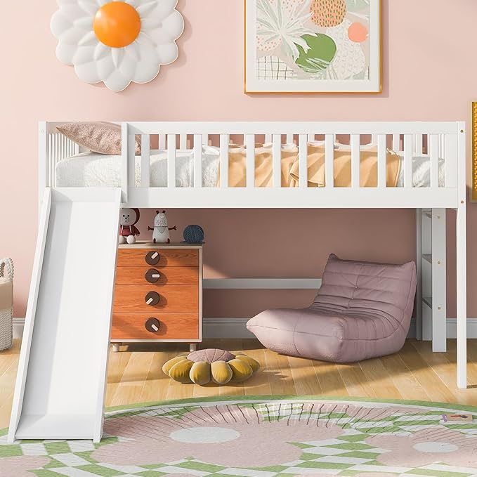 Flieks Full Size Low Loft Bed Frame for Boys Girls Kids Adults Toddler for Boys Girls Kids Adults Toddler with Ladder and Slide,White