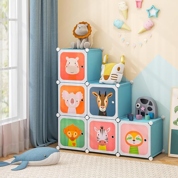 Costzon Kids Closet, Cartoon DIY Modular Dresser Storage Organizer with 8 Cubes & Clothes Hanging Rack, Portable Armoire for Baby Toddlers, Kids Wardrobe for Bedroom Nursery, Blue