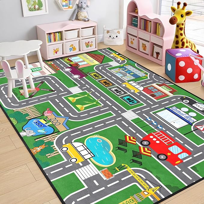 Car Rugs for Kids Toy - Car Track Carpet for Boys Road Rug for Bedroom Road Map Carpet for Kids Toy Play Mat Farm, 3x5 Feet