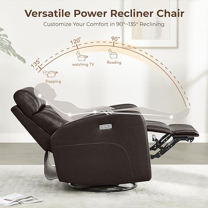 CHITA Genuine Leather Power Swivel Glider Recliner Chair for Adults, FSC Certified Electric Nursery Rocker Recliner Chair for Living Room, Dark Brown