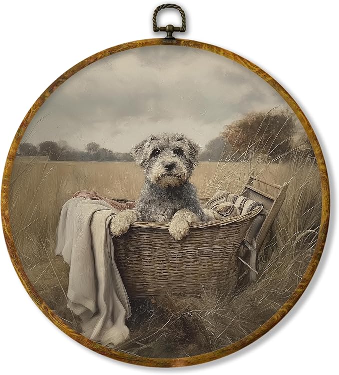 Hiuwevt Vintage Schnauzer Round Wall Art Decor, Rustic Farmhouse Schnauzer in Basket Framed Canvas Prints, Country Dog Round Wall Hanging Decor for Bathroom Laundry Room Decorations, 10x10 Inches