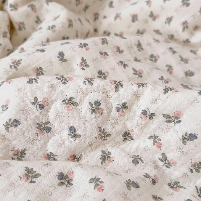 BuLuTu Soft Cotton Soft Kids Comforter for Twin Bed Toddler Bed, Chic Pink Bellflower Print 100% Cotton Muslin Quilted Blanket for Girls Boys Toddler Children, Machine Wash, 60x78 Inches