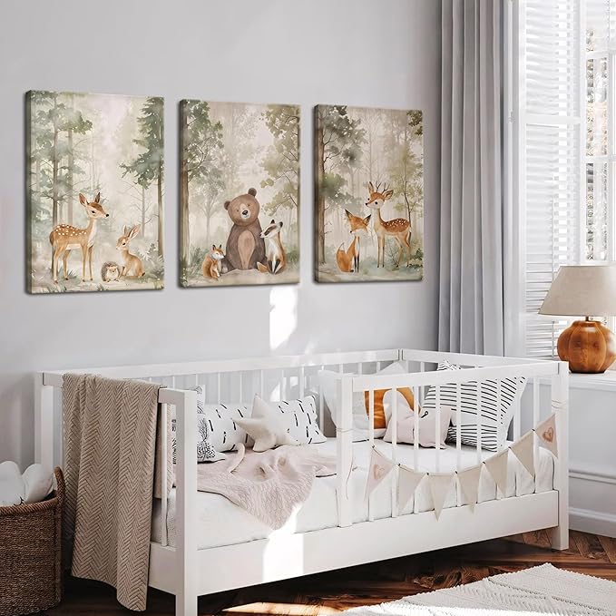 Nursery Canvas Wall Art Set of 3 - Woodland Wild Animals Bear Fox Deer Watercolor Paintings Pictures Wall Decor, Forest Animal Decor for Boys Girls Room Decoration 16x24 inch Framed