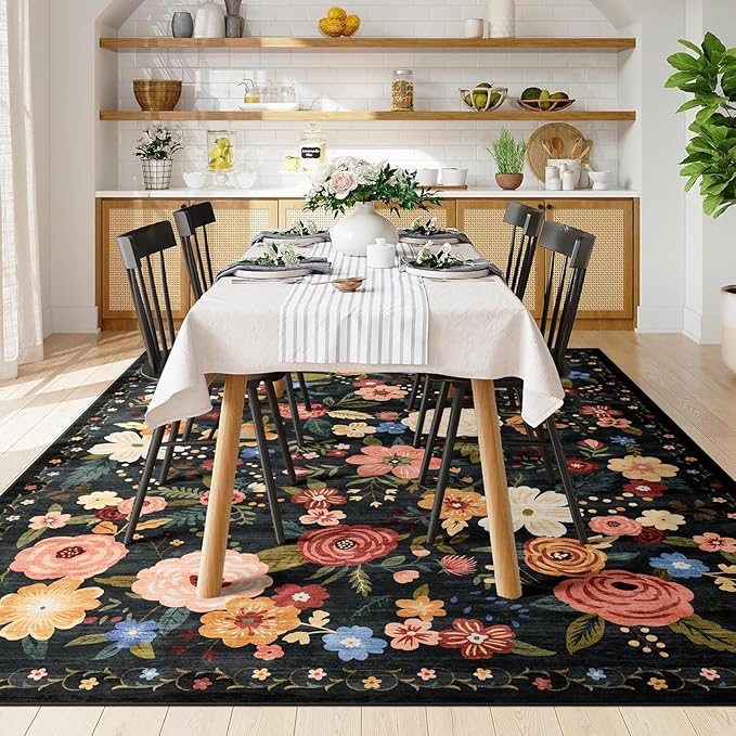 8x10 Washable Area Rug for Living Room, Floral Non-Slip Non-Shedding & Easy Care, Large Soft Low Pile Indoor Floor Carpet for Living Room, Bedroom, Farmhouse, Dining Room, Kids Playroom, Black