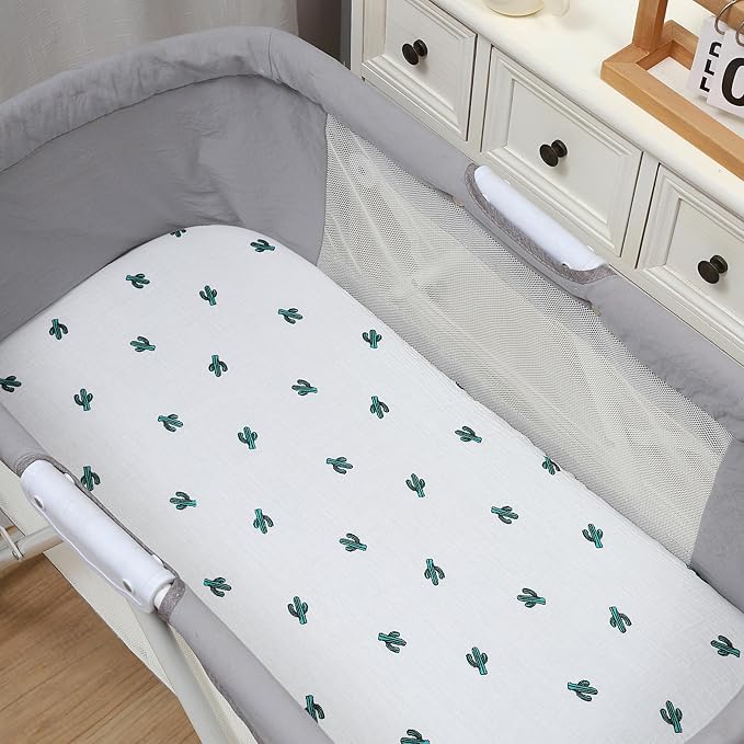 Onacosht Muslin Bassinet Sheets 3 Pack, 100% Cotton Baby Sheet 35" X 20" Compatiable with AMKE 3 in 1 Bassinets, MiClassic, Uiuwoo, Foalom, YADAQE, Milliard and TCBunny Bassinet, Green Floral Cactus