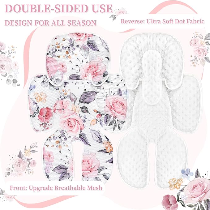Mesh Baby Car Seat Head and Body Support, Pea Pod Infant Car Seat Insert for Newborn with Minky Dot Backing & Colorfast Stylish Floral Patterns, Suitable for Baby Car Seats, Stroller, and Baby Swings