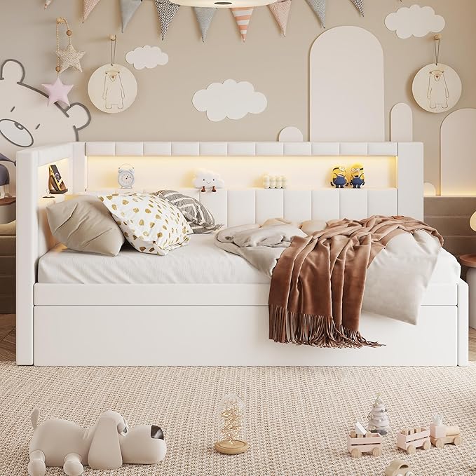 Twin Size Soft Daybed with Trundle, Storage Shelves and LED Belt, Linen Upholstered Corner Bed with L-Shaped Bookshelf Headboard and USB Charger for Kids Boys Girls, White