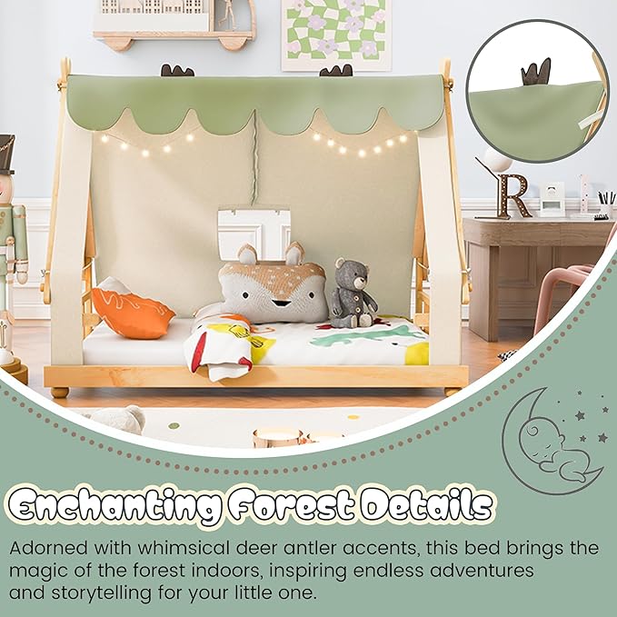 Montessori Floor Bed Twin with Tent & Light, Wood Twin House Beds for Kids, DIY Playhouse, Low-Profile Teepee Bed, Playful Indoor Adventure & Sleep for Girls Boys,Natural+White