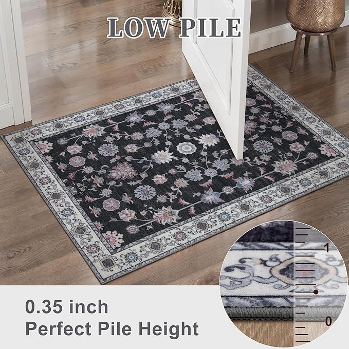 Tangsoo Washable Runner Rug for Hallway Non Slip, 2x5 Boho Floral Vintage Carpet Runner Rugs for Entryway, Floor Low Pile Runners for Kitchen Bathroom Laundry Bedroom Alfombra Black Red Farmhouse