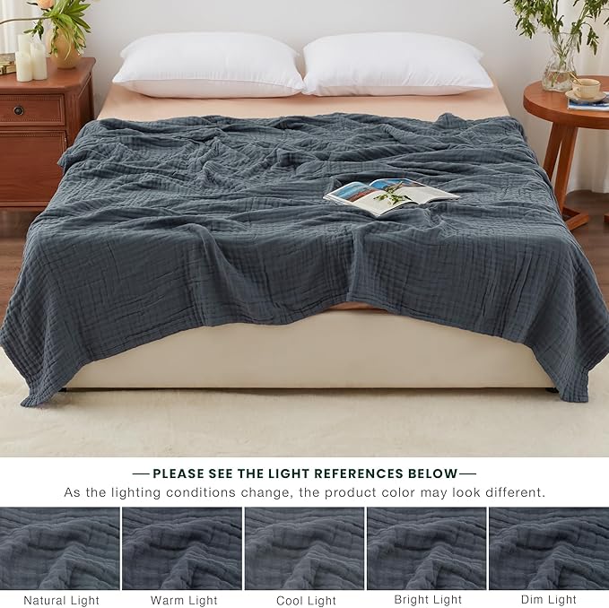 Love's cabin 6 Layer 100% Cotton Muslin Blanket, 108"x90" Muslin King Size Blanket for Bed Couch, Lightweight and Breathable Cotton Gauze for Adult, Dark Grey