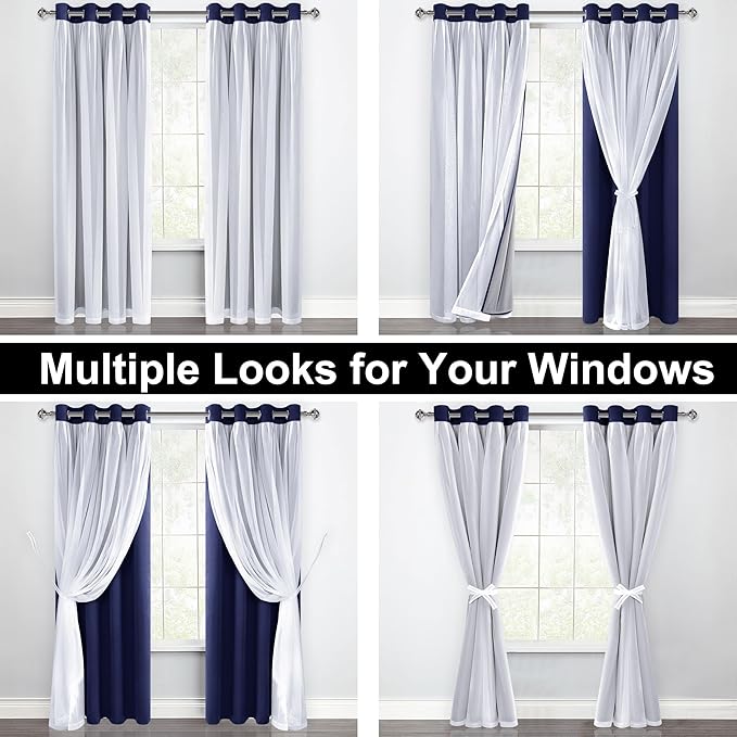 XWZO 100% Blackout Double Layer Curtains, Blackout Curtains with Sheer Overlay for Living Room, Bedroom, Grommet Thermal Insulated Privacy Curtains with Tiebacks, 2 Panels, 52x84, Navy Blue