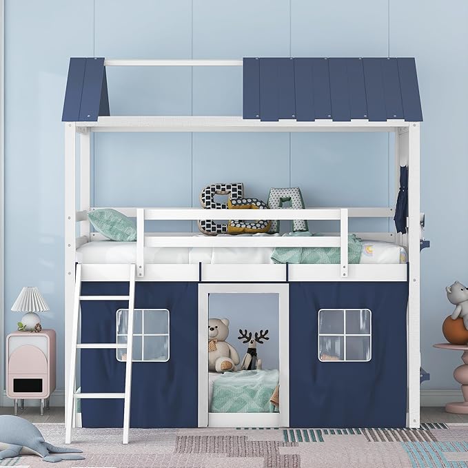 Twin Size House Bunk Bed with Elegant Windows and Sills, Solid Wood Tent Bed Frame with Guardrails for Kids Teens Boys Girls, Versatile Spacious Under Bed Space with Curtains (White+Blue T)