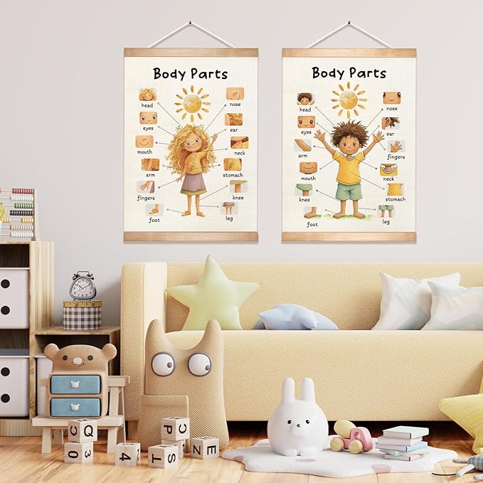 HEYJEEPER Kids Body Parts Learning Posters Set of 2,Linen Educational Wall Art with Wood Hanger, Cute Girl & Boy Body Parts Charts for Toddlers Preschool Classroom Playroom Nursery Decor,18.5x14 Inch