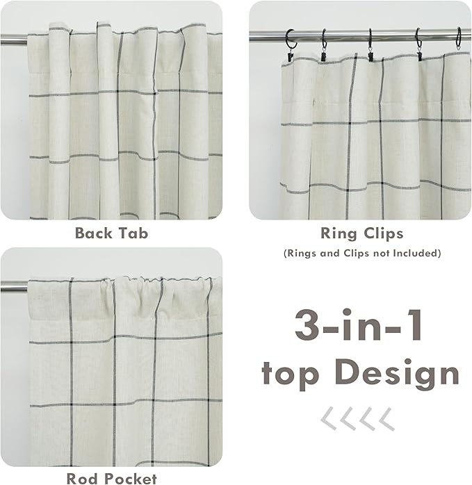 DriftAway 2 Panels 100% Blackout Windowpane Plaid Linen Curtains Double Layer Drapes for Bedroom 63 Inches Long Farmhouse Thermal Insulated 3.25 Inch Rod Pocket Back Tab for Living Room Black