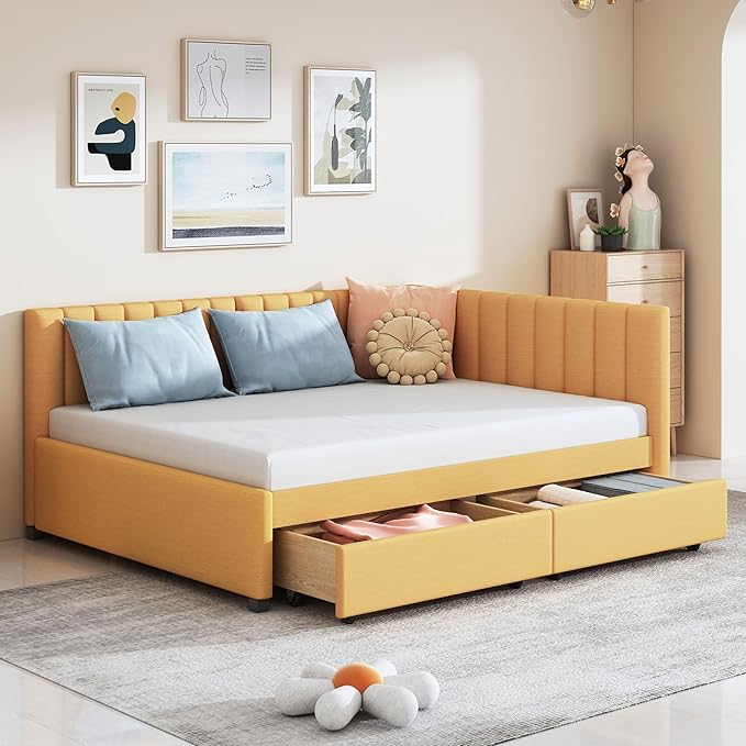 Harper & Bright Designs Full Size Upholstered Daybed with 2 Storage Drawers Sofa Bed Frame for Boys Girls Kids Adults Toddler No Box Spring Needed, Linen Fabric (Yellow)