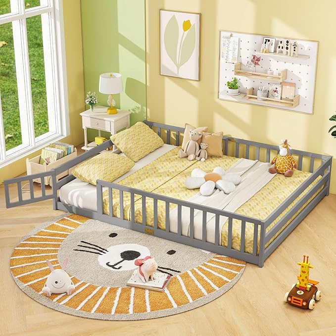 Giantex Queen Floor Bed with Door & Fence, Kids Wood Montessori Beds with Safety Guardrails, Floor Bed Twin for Kids, Boys, Girls, No Box Spring Needed, Grey