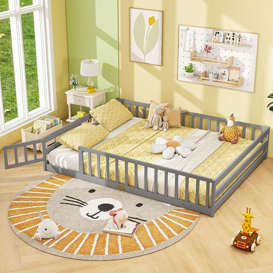 Giantex Queen Floor Bed with Door & Fence, Kids Wood Montessori Beds with Safety Guardrails, Floor Bed Twin for Kids, Boys, Girls, No Box Spring Needed, Grey