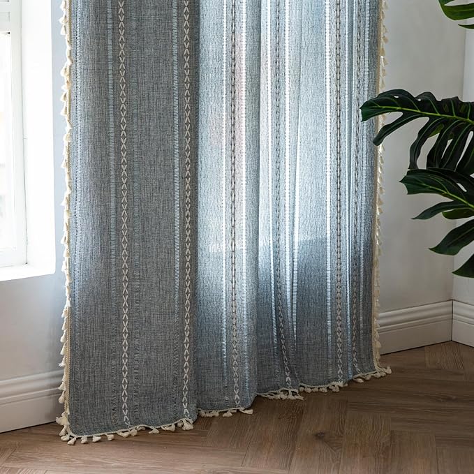 Deeprove Blue Boho Sheer Linen Curtains 72 inches Length for Bedroom Living Room Dining Nursery Closet, Denim Jean Semi Sheer Curtains Darkening Embroidery Drape Window Treatment, 1 Panel W52 x L72