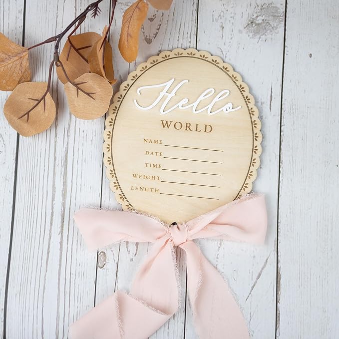 Baby Announcement Sign 6.5 Inch Wooden Hello World Newborn Welcome Sign Birth Name Plaques for Photo Props Shower Hospital Nursery (BOW CUT)
