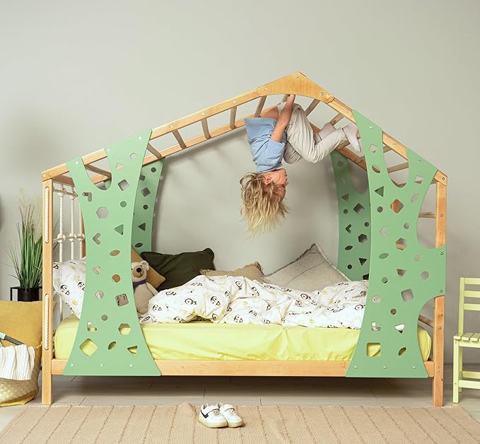 BUSY WOOD Monkey Bed – Twin Frame with Storage & Foldable Table – Montessori Indoor Playground – Jungle Gym Furniture for Kids – Toddler Sleeping Frame with 3 Drawers