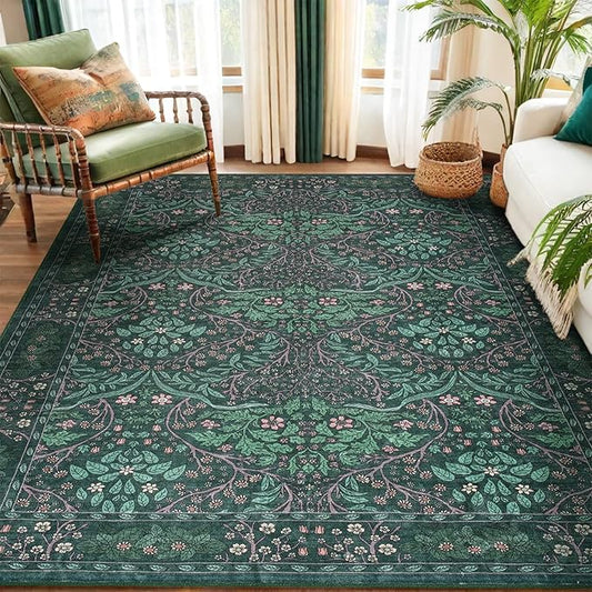 Dark Green Area Rug 6x9 Machine Washable Rug for Living Room,Entryway Bedroom Farmhouse Nursery Home Office，Low Pile Stain & Slip Resistant Large Dark Green Carpet for Bedroom