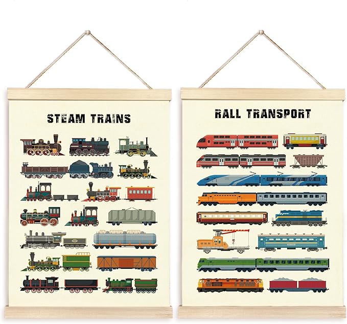 CGBHW Rall Transport and Steam Trains Poster Hanger Frame, Vehicle Construction Learning Educational Posters Wall Art Hanging Decor for Toddler Boy Kids Room Playroom Nursery，12x16Inch Set of 2