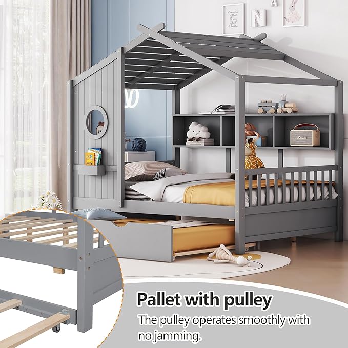 Harper & Bright Designs Kids Full Size House Bed with Trundle & Storage Shelf, Wood Full Size Platform Bed Frame with Roof, House Bed for Boys, Girls, Gray