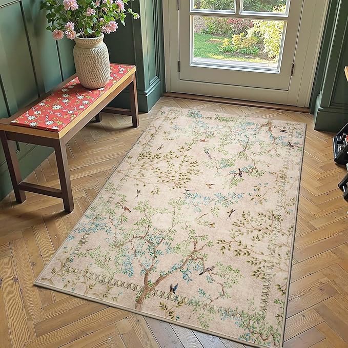 jinchan Yarden Botanical Birds 3x5 Beige Area Rugs for Entryway Washable Non Slip Soft Nature Plants Modern Kids Room Carpet Vintage Ultra Thin Low Pile Rug for Living Room Kitchen Bathroom Front Door