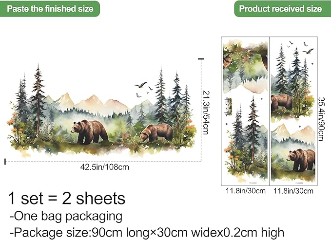 Large Jungle Animals Wall Decals Forest Tree Wall Decal Peel and Stick Woodland Bear Fox Deer Wall Stickers Giant Mountain Art for Bedroom Nursery Room FX-C432