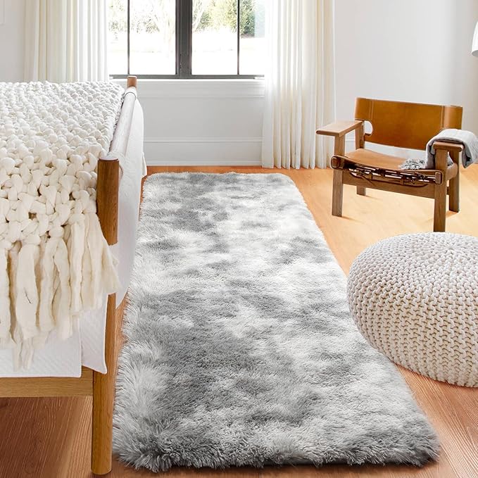 ONASAR 2x6 Runner Rugs for Bedroom Living Room, Washable Fluffy Tie-Dyed Light Grey Bedside Hallway Throw Area Rug, Ultra Soft Plush Furry Floor Carpet Mat for Nursery Kids Dorm Closet Home Decor