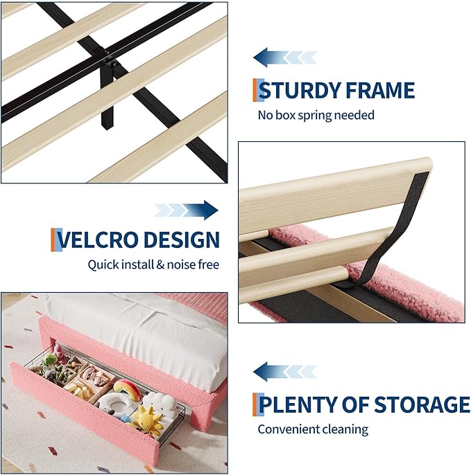 IDEALHOUSE Full Bed Frame with LED Headboard and Under-Bed Drawer, Metal Upholstered Platform Bed with LED Light for Kids, Girls, Lamb Fleece Fabric, Wooden Slats Support, No Box Spring Needed, Pink