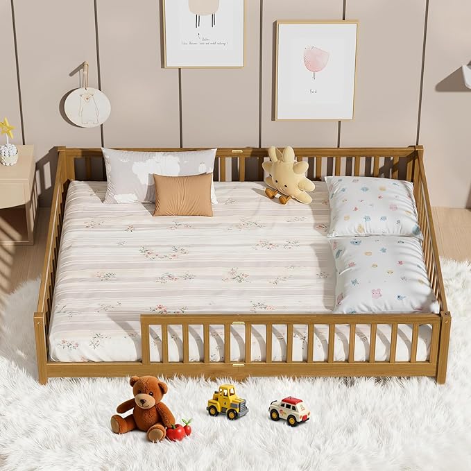 LLS Queen Floor Bed for Kids Toddlers, Solid Wood Multifunctional Montessori Bed Frame with Safety Guardrails, Without Door, Easy Assemble,Light Espresso