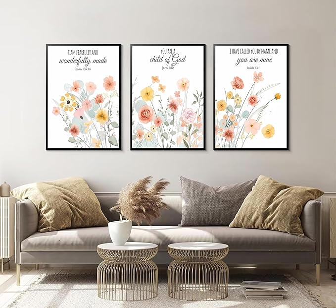 Esejchiam 3pcs Christian Floral Wall Art Wildflowers Bible Verse Canvas Wall Decor Boho Floral Paintings Prints Poster for Living Room Bedroom Home Decorations Unframed