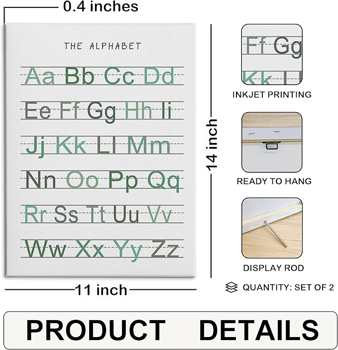 HRQKO Alphabet Numbers Nursery Canvas Wall Art Set of 2, Kids Room Decor Framed Art, Sage Green ABC Numbers Educational Posters Wall Decor for Classroom Toddler Nursery Bedroom Playroom, 11x14 inch