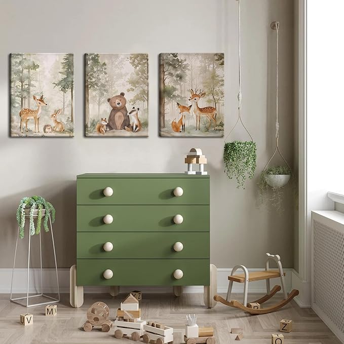 Nursery Canvas Wall Art Set of 3 - Woodland Wild Animals Bear Fox Deer Watercolor Paintings Pictures Wall Decor, Forest Animal Decor for Boys Girls Room Decoration 16x24 inch Framed