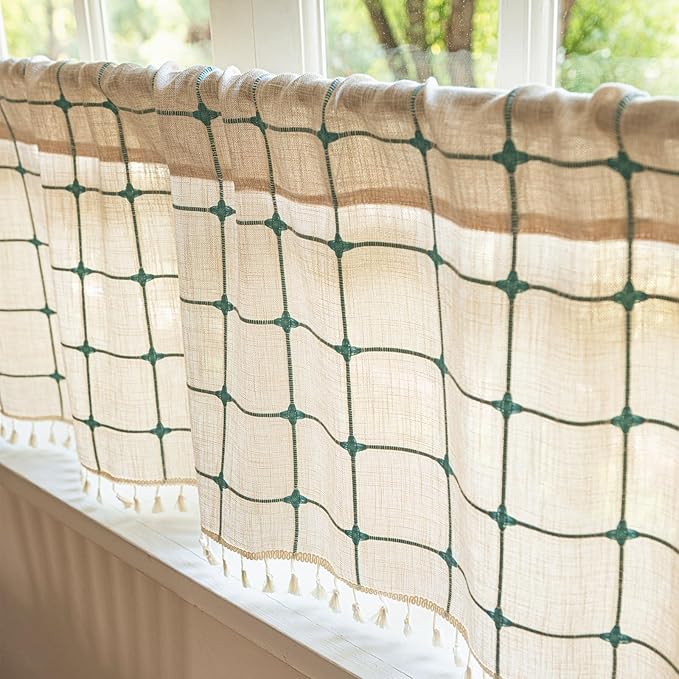 Deeprove Boho Curtain Valance 18 Inches Length Bohemian Lattice Gingham Textured Embroidery Plaids, Vintage Chic Tassels Casual Easter Decor Drapes Rod Pocket, 1 Panel W52 x L18 Beige Turquoise