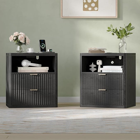 Fluted Nightstand Set of 2 with Charging Station, 21.7" Wide Modern Night Stand with 2 Drawers Open Storage Cabinet, Wooden Bedside End Table for Bedroom,Black