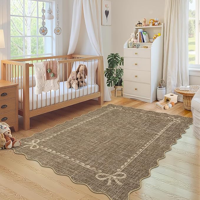 GarveeHome Scalloped Bow Rug for Living Room, Solid Brown Rug for Dorm, Washable Rugs 9x12 Soft Low Pile Non Slip Scalloped Rugs for Nursery College Bedroom Decor Kids Room Playroom