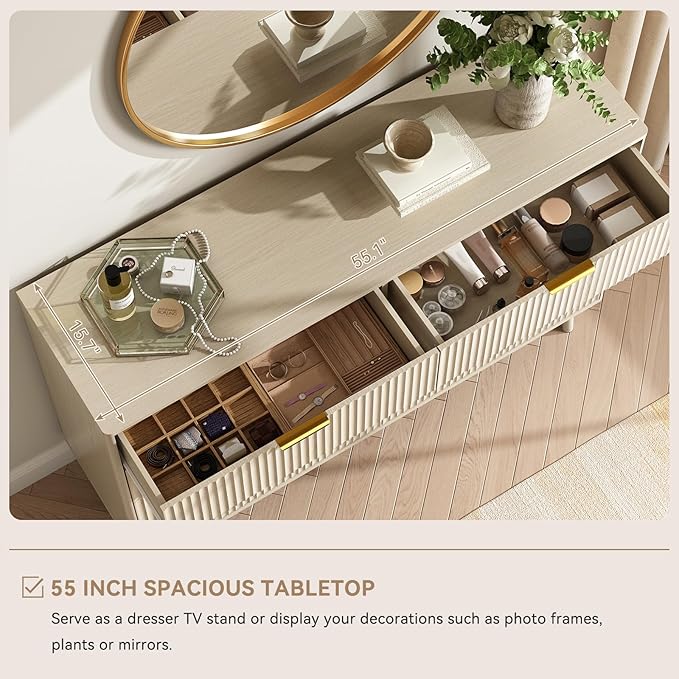 CARPETNAL Fluted 8 Drawer Dresser for Bedroom, 55" Wide Wooden Chest of Drawers with Rounded Corners, Gold Handles, Modern Storage Organizer for Bedroom, Hallway(Beige)
