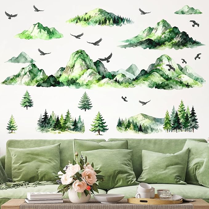 Mountain Tree Wall Stickers Watercolor Mountain Wall Decals Peel and Stick Flying Birds Woodland Green Pine Trees Wall Stickers Forest Mountains Decals for Bedroom Living Room Nursery Decor