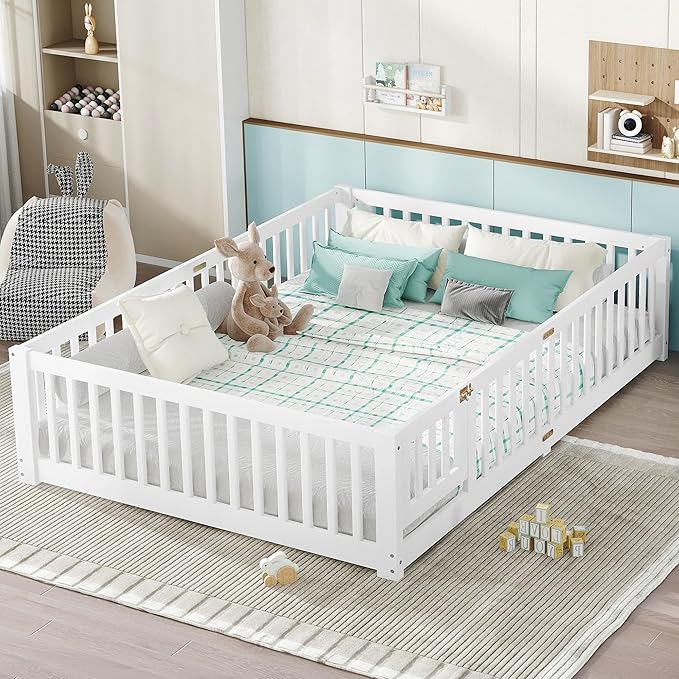 Harper & Bright Designs Queen Floor Bed Frame with Safety High Fence, Wood Montessori Beds with Door, Floor Bed Queen with Solid Wood Support Slats for Boys, Girls, Kids, White