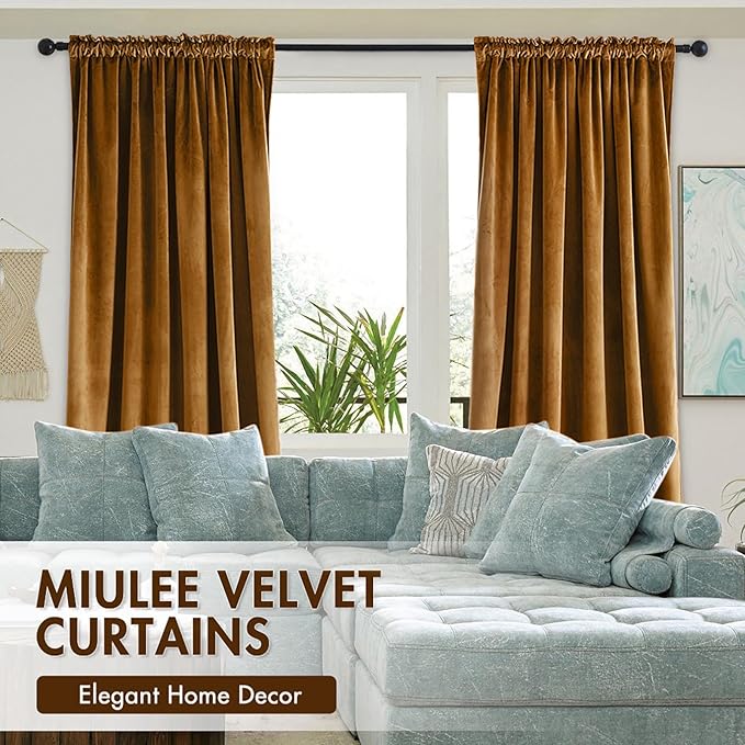 MIULEE Golden Brown Velvet Curtains Thermal Insulated Blackout Curtain Drapes for Bedroom Living Room Darkening 63 Inches Long Curtains Panels Rod Pocket Set of 2